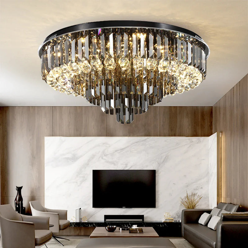 Axyaa Smoky Gray Crystal LED Ceiling Chandelier - Modern Living Room Pendant Lamp