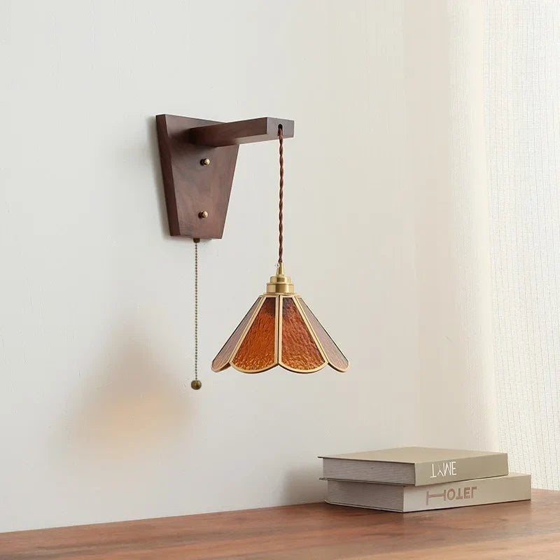 Axyaa Nordic Glass Walnut LED Wall Lights with Pull Chain Switch for Bedroom