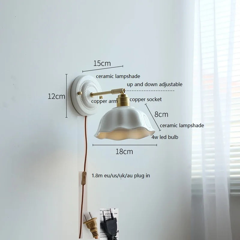 Axyaa White Ceramic LED Wall Sconce with Copper Arm for Modern Living Spaces