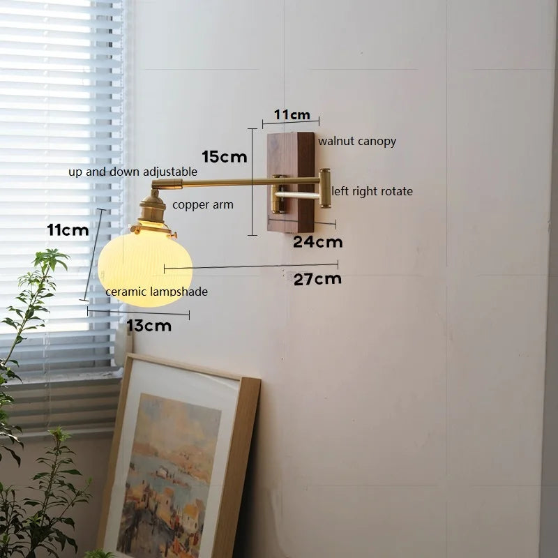 Axyaa Walnut Canopy Copper LED Wall Lamp with Long Arm Rotation