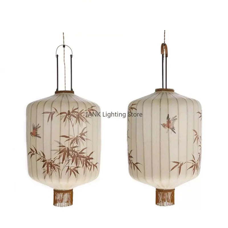 Axyaa Bamboo Leaf Pattern Lantern Pendent Lamp - Hand-painted Japanese Fabric Design