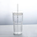 Axyaa Glass Cup with Lid & Straw, Transparent Stripe Mug for Milk Coffee Juice Tea