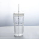 Axyaa Glass Cup with Lid & Straw, Transparent Stripe Mug for Milk Coffee Juice Tea