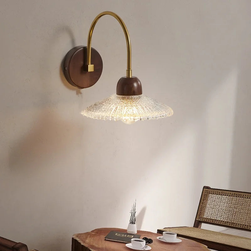 Axyaa Modern Wood Glass LED Wall Light for Bedroom and Living Room