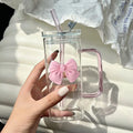 Axyaa 350ML Square Mug with Lids, Straws, Bow Handle - Pink Female Milk Coffee Cup