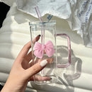 Axyaa 350ML Square Mug with Lids, Straws, Bow Handle - Pink Female Milk Coffee Cup