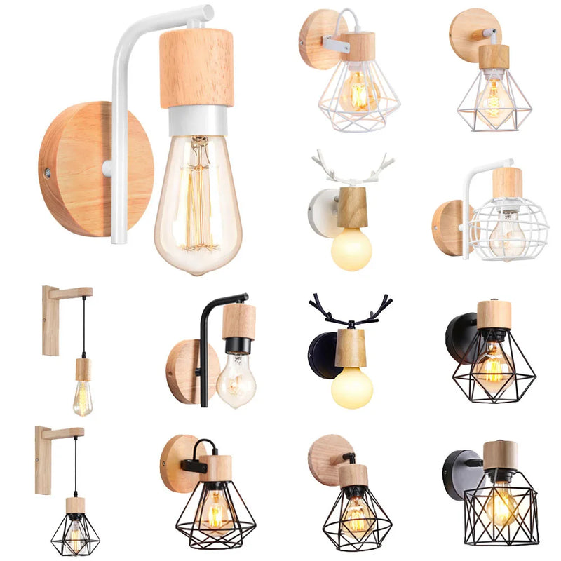 Nordic Wood Wall Sconce Axya LED Lamp E27 Retro Bedside Vintage Light