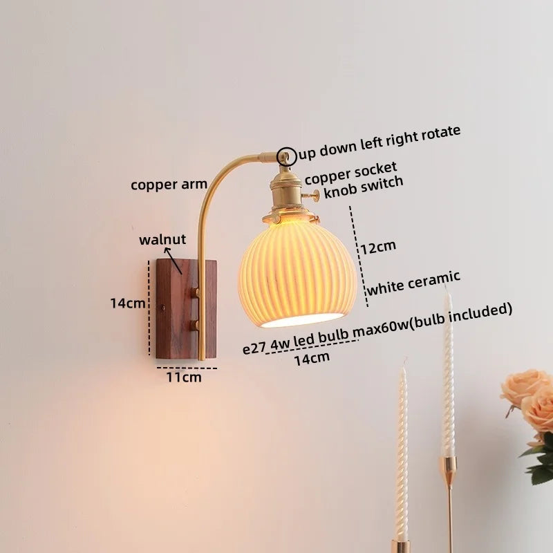 Axyaa Ceramic Walnut LED Wall Lights - Modern Bedroom & Living Room Bedside Lamp