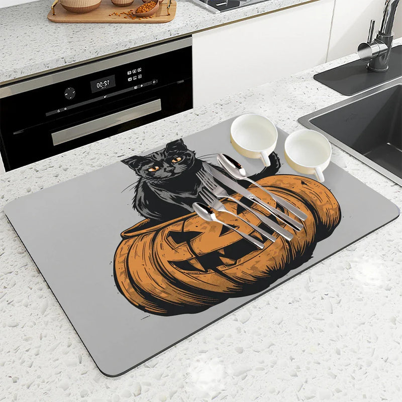 Halloween Cat Pumpkin Head Absorbent Drying Mat for Kitchen Table by Axyaa