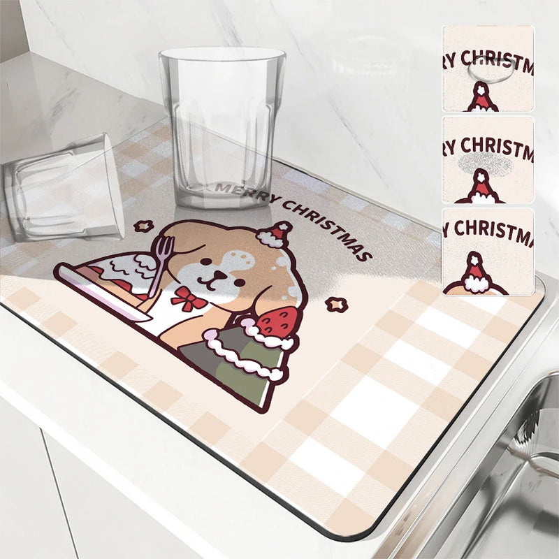 Axyaa Christmas Coffee Drying Mat Set - Absorbent Placemats for Table Cup Drying