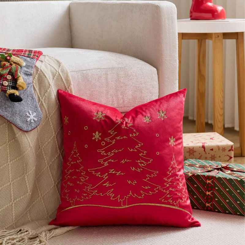Axyaa Christmas Tree Pillow Cover - Silver Gold Snowflake Velvet - Home Decoration - 45x45cm