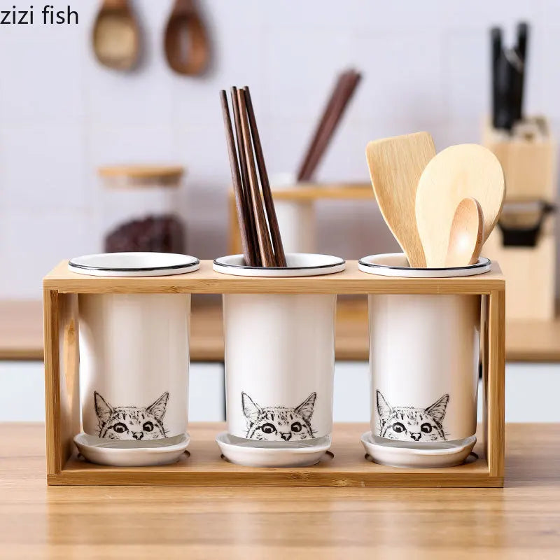 Axya Cat Ceramic Chopsticks Holder Set Kitchen Storage Organizer