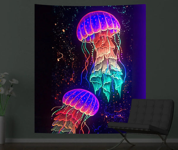 Axyaa Psychedelic Jellyfish UV-Reactive Tapestry for Bedroom and Dorm Decor