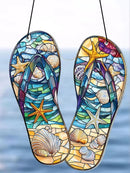 Axyaa Beach Style Acrylic Flip-Flops Suncatcher with Starfish & Shell, Wall Art Decor