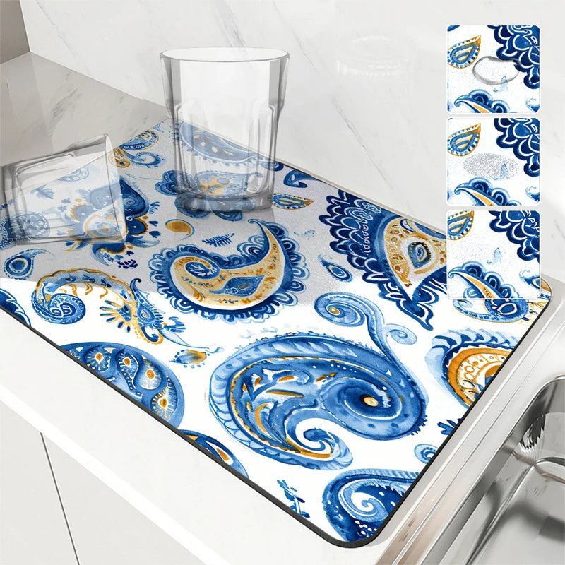 Axyaa Paisley Pattern Absorbent Dish Drying Mat with Rubber Backing