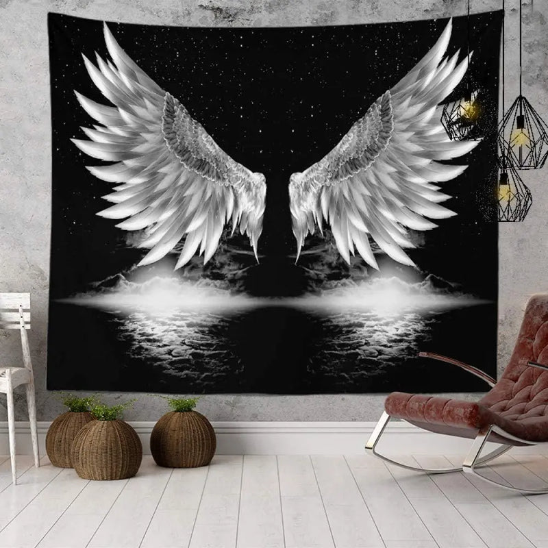 Axyaa Angel Wings Tapestry: Black & White Boho Trippy Hippie Wall Hanging