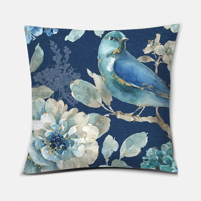 Luxurious Blue Bird Floral Pillowcase by Axyaa - 45x45cm Square Decor for Home & Office