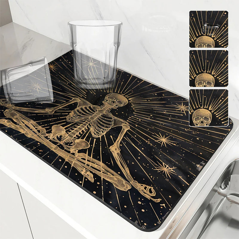 Axyaa Skull Astrology Kitchen Drying Mat - Quick Dry, Anti-Slip & Absorbent Drain Pad