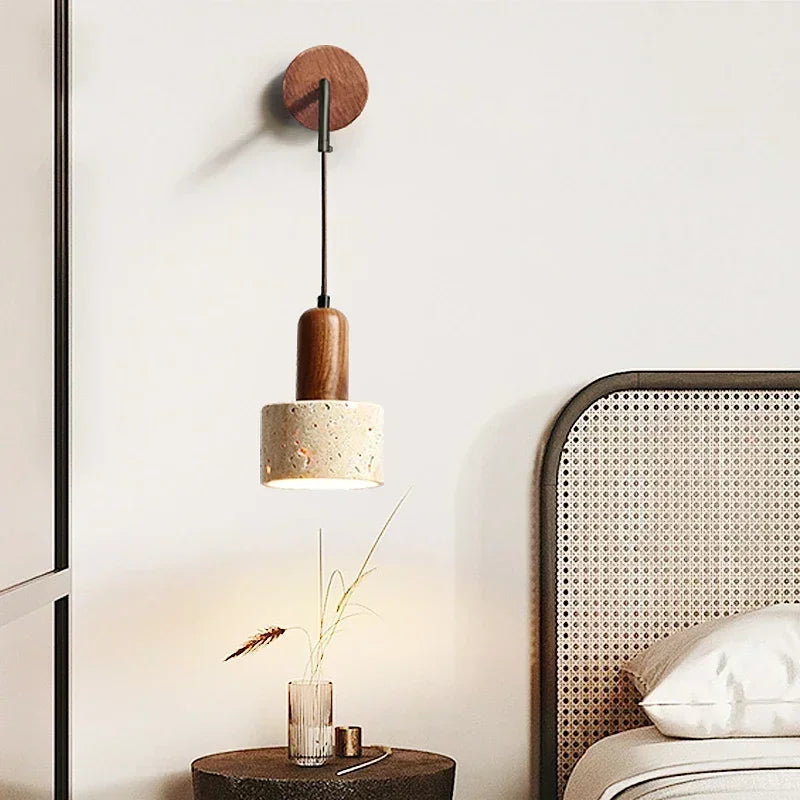 Wabi Sabi Natural Stone Wall Lamp, Retro Peach Wood Color, LED Sconce Light