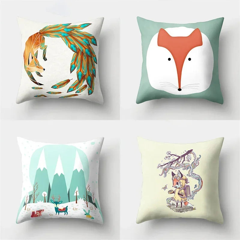 Fox and Bird Polyester Pillowcase by Axyaa: Cartoon Landscape Cushion Cover for Sofa