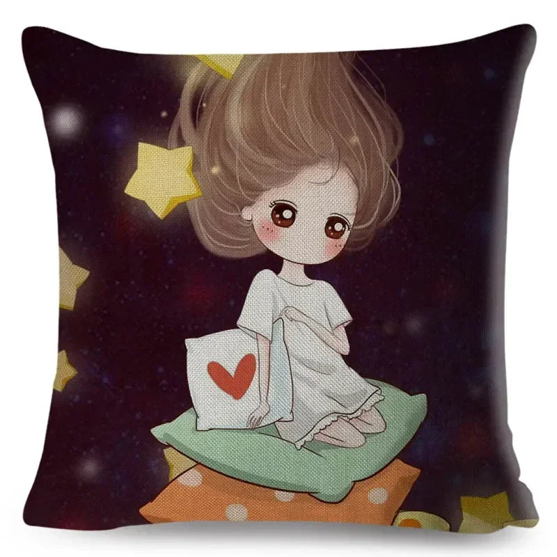 Axyaa Beautiful Girl Pattern Linen Pillowcase for Living Room and Bedroom