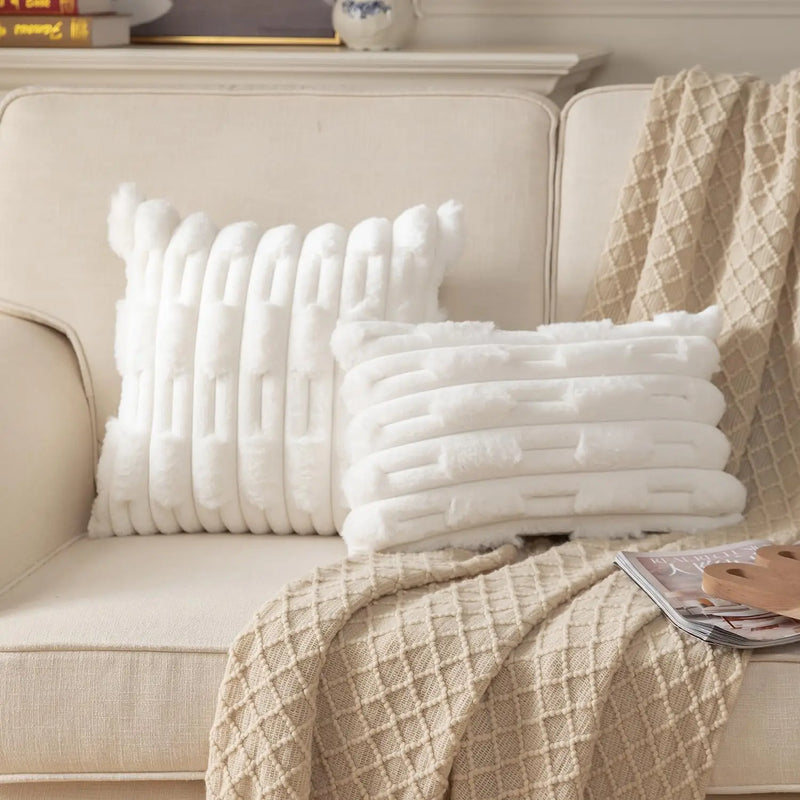 Axyaa Boho Striped Faux Rabbit Fur Velvet Cushion 18x18In Beige