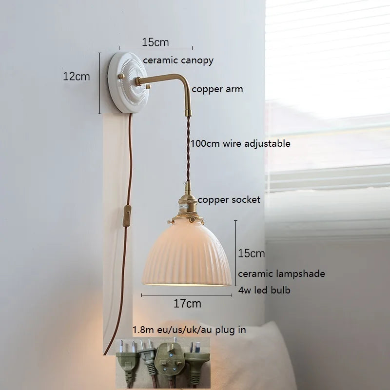Axyaa Ceramic LED Wall Sconce with Adjustable Copper Arm for Bedroom, Bathroom, Mirror