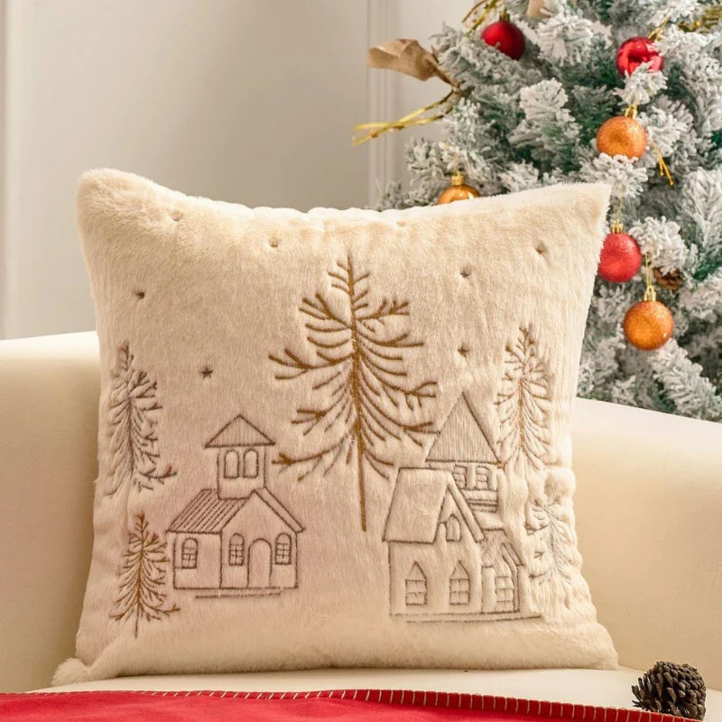 Axyaa White Faux Rabbit Fur Christmas Pillow Cover, Gold Snowman Snowflakes Embroidery