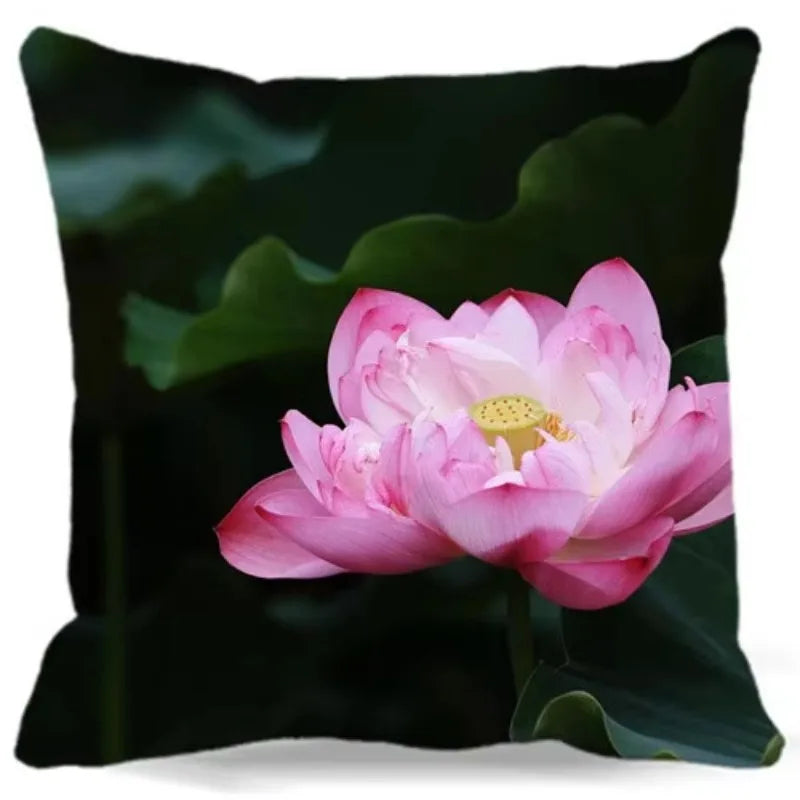 Pink White Lotus Pattern Square Cushion Cover 45X45CM by Axyaa