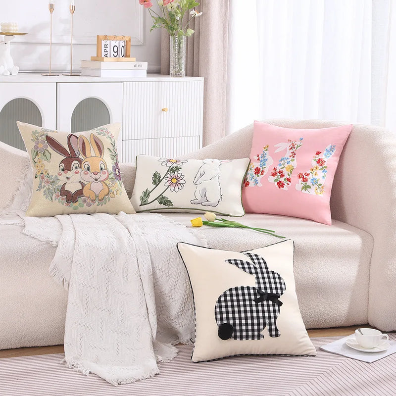 Axyaa Pink Floral White Floral Bunny Embroidered Cushion Cover