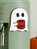 Axyaa Ghost Wooden Stickers: Cute Ghost with Coffee Cup Design for Decorating Fridge & Coffee Machine