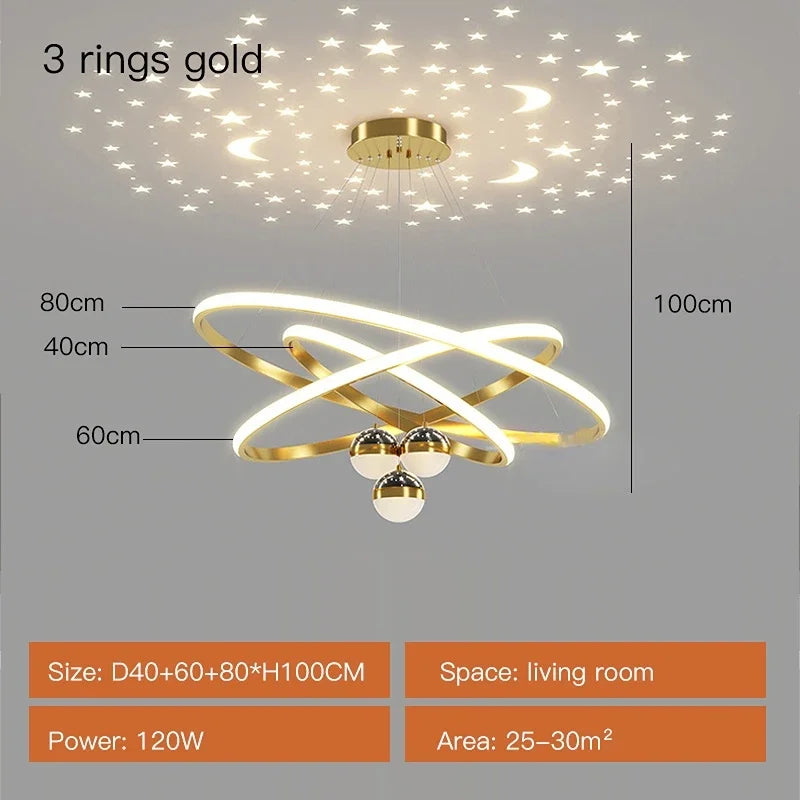 Axyaa Starry Sky Projection LED Chandelier in Black/Gold - Hanging Pendant Lights for Home
