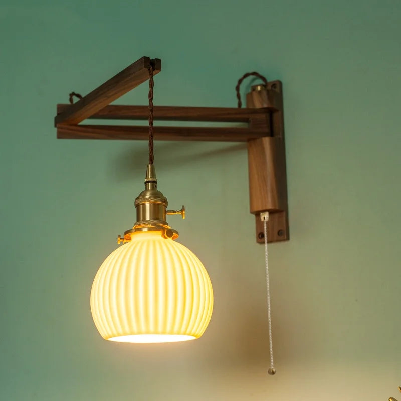 Axyaa White Ceramic LED Wall Sconce with Wood and Copper Finish