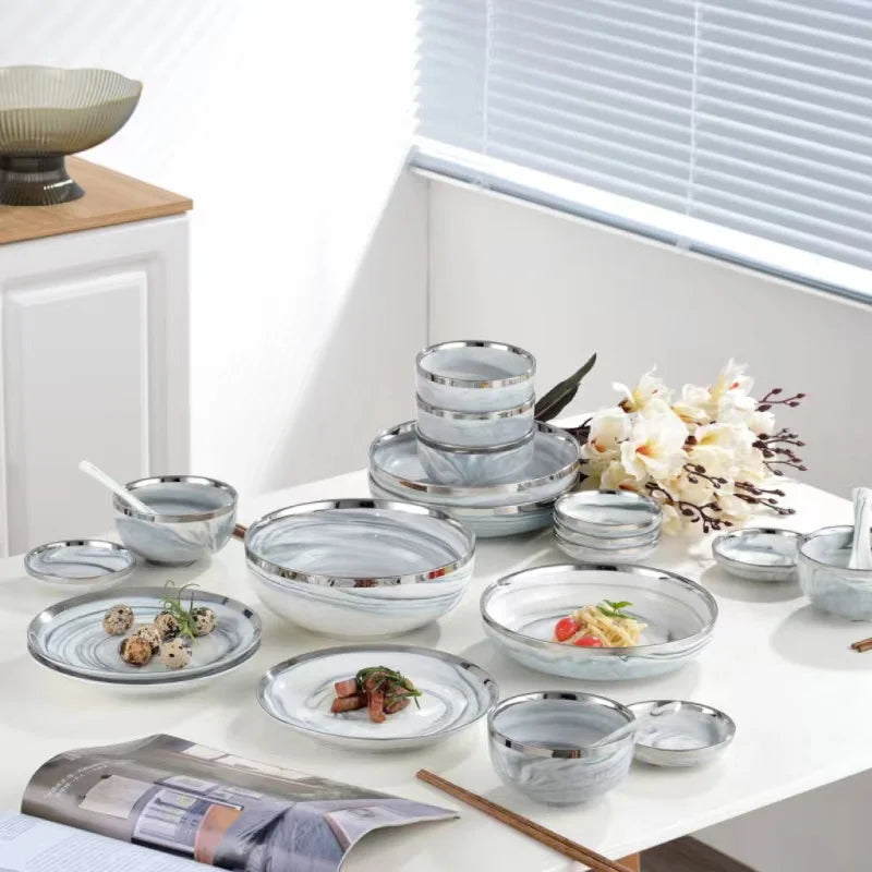 Axya Silver Rim Marble Ceramic Dinnerware Set for Family and Hotel