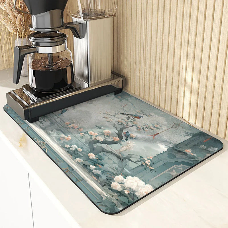 Axyaa Coffee Mat: Absorbent Kitchen Drying Pad with Plants, Birds & Flowers