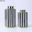 Axyaa Geometric Striped Ceramic Jar with Cover - Home Decor Craft Storage