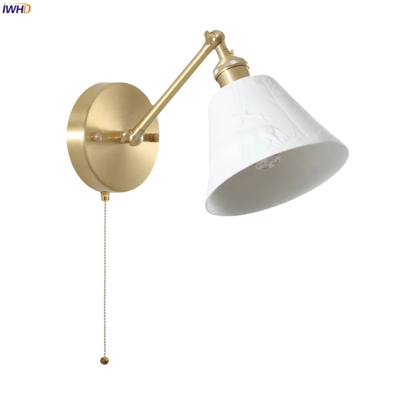 Axyaa White Ceramic LED Wall Sconce Lamp, Nordic Copper Minimalism for Living Room, Bedroom