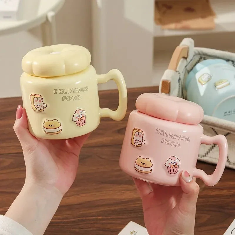 Axyaa Cartoon Ceramic Breakfast Coffee Mug with Lid for Home and Office