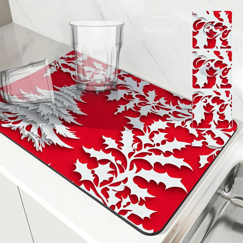 Axyaa Holly Berry Kitchen Drying Mat - Quick Dry & Antiskid Drain Pad