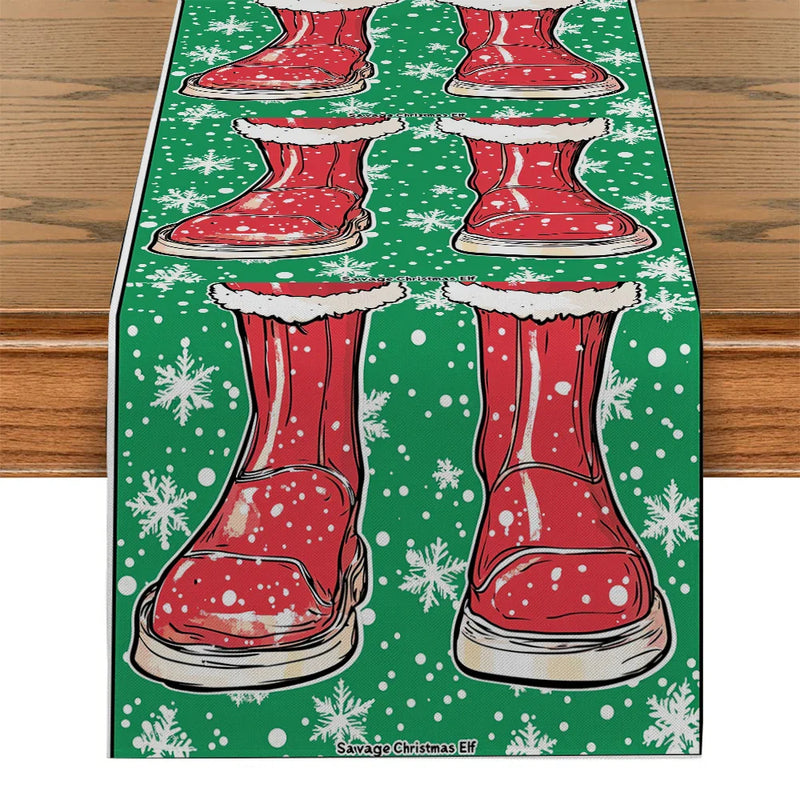 Christmas Shoes Snow Point Table Runner by Axyaa - Farmhouse Dining & Wedding Party Decor