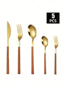 Axyaa Stainless Steel Cutlery Set with Imitation Wood Handles for Home, Hotel, Party