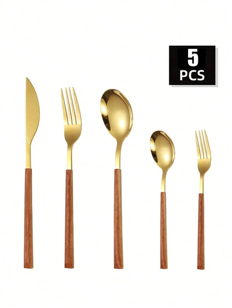 Axyaa Stainless Steel Cutlery Set with Imitation Wood Handles for Home, Hotel, Party