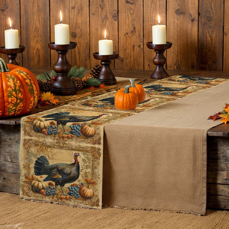Axyaa Thanksgiving Turkey Flower Pattern Table Runner - Festive Dining Decor