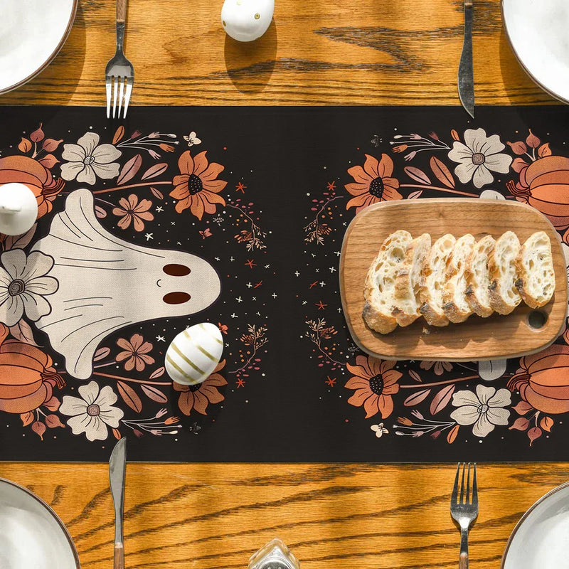 Axyaa Cute Ghost Chrysanthemum Table Runner - Halloween Party Decor and Dresser Table Accent