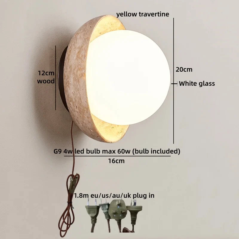 Axyaa White Glass Ball LED Wall Light Yellow Travertine Stone Luxury Decor