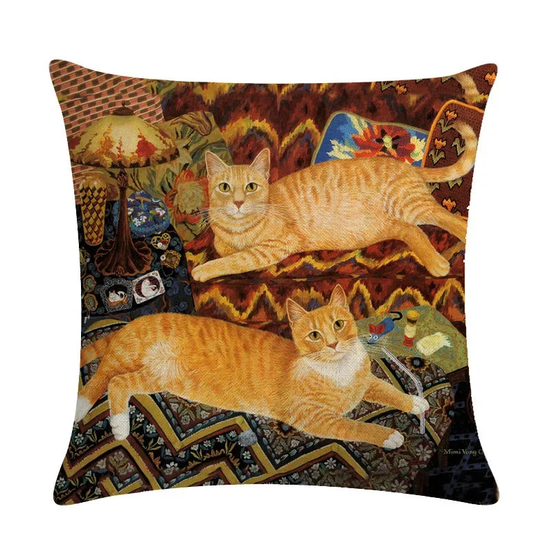 Axyaa Retro Cat Linen Pillowcase 45*45cm - Home & Sofa Decoration