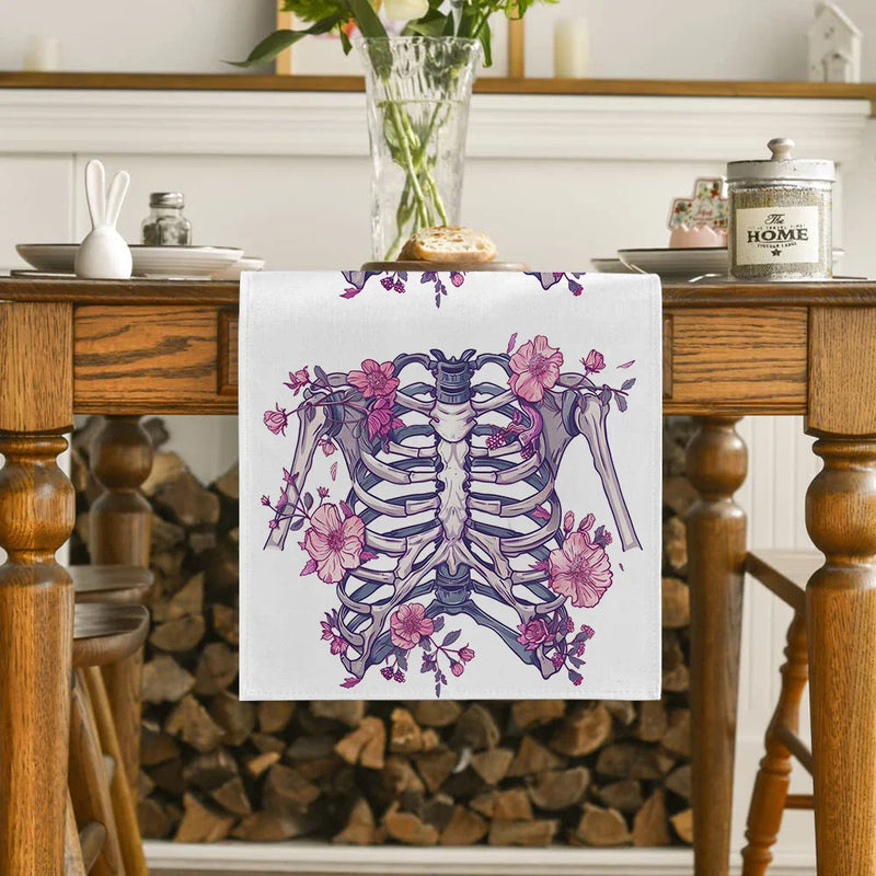Axyaa Halloween Skeleton Floral Table Runner for Dining Room