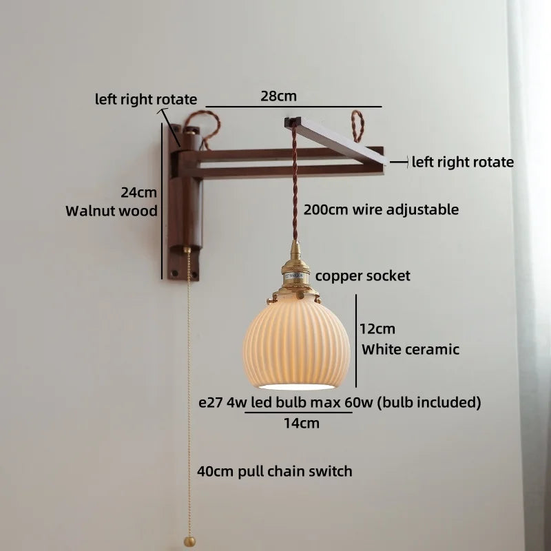 Axyaa Walnut Wood LED Wall Lamps Switch Ceramic Japan Style Kitchen Stair Light