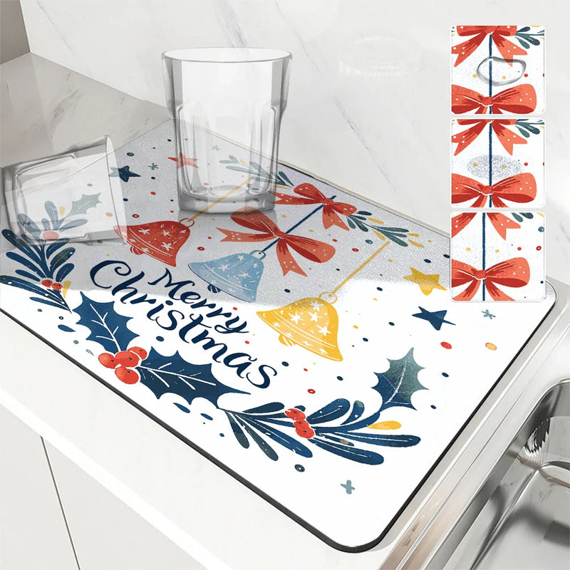 Christmas Bells Drying Mat: Absorbent Dish & Cup Placemat by Axyaa
