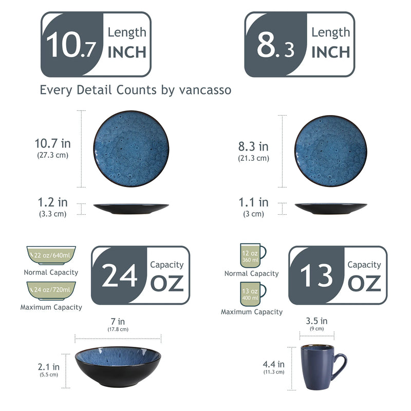 Axya Vintage Ceramic Stoneware Tableware Set - Blue/Brown, 16/32/48-Piece